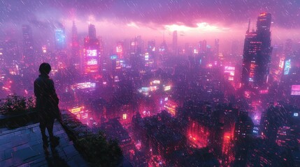 Cyberpunk city rain, person overlooking futuristic cityscape.