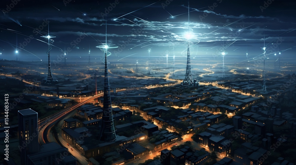 Poster illuminated metropolitan skyline with towering cell phone transmission towers and blinking lights at