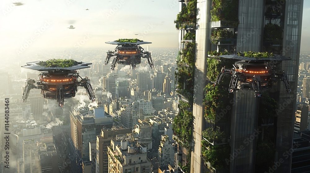 Poster solar powered robots constructing and maintaining vertical gardens on a futuristic city skyscraper s