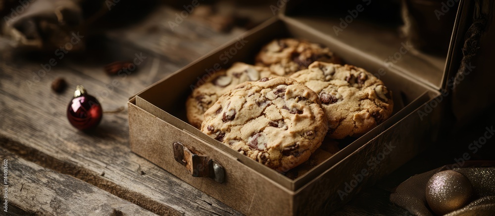 Poster homemade cookies nestled in a rustic box with a decorative bauble on a wooden table for a cozy holid