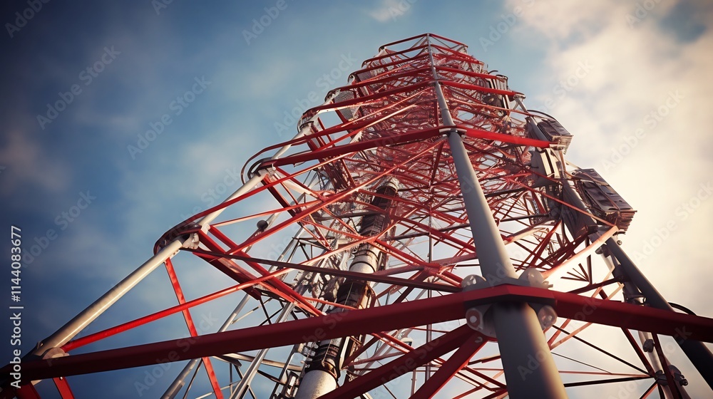 Poster detailed close up view of a steel lattice tower infrastructure with a mounted gsm antenna for mobile