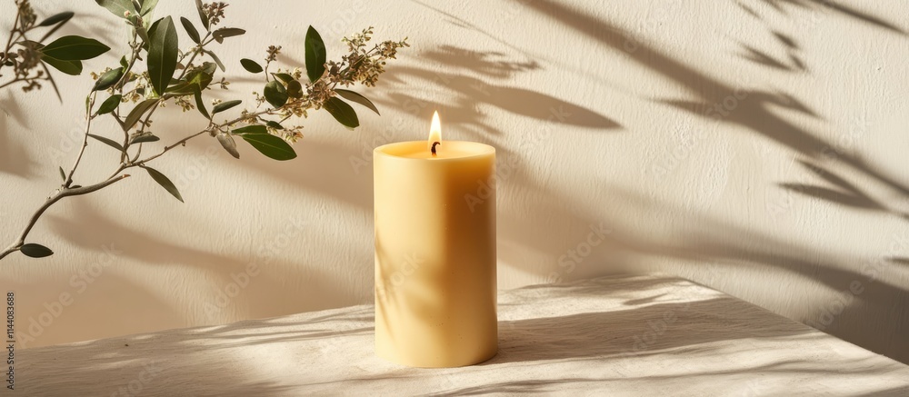 Poster Handmade olive wax pillar candle in a minimalistic setting with soft shadows emphasizing a cozy and sustainable ambiance for modern decor