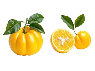 Yuzu Fruit with Leaf and Cut Side View