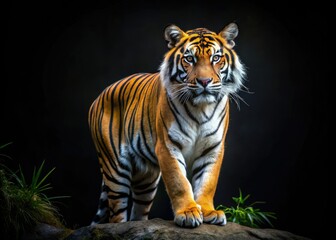 Obraz premium A majestic Bengal tiger, powerful and endangered, stares from the dark, a wildlife photography masterpiece.