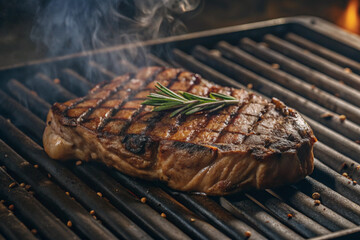 grilled meat on the grill,  Juicy grilled steak with perfect sear marks on a smoky barbecue grill