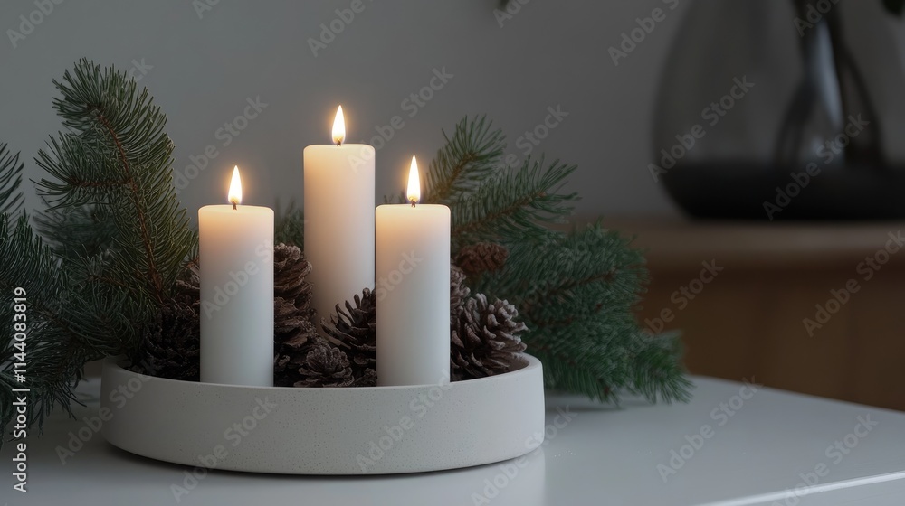 Aufkleber modern advent wreath with lit candles and pinecones showcasing traditional diy holiday decor in a mi