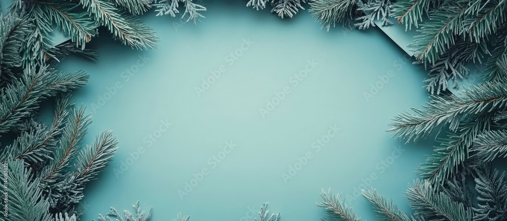 Poster New Year celebration backdrop with fir tree frame and blank space for text on a festive turquoise background