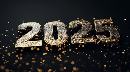 Luxuriöse 3D-Gestaltung der Zahl 2025 in edlem Goldton, festliches Neujahrsmotiv mit brillanter Tiefenwirkung, elegantes Grußkartendesign