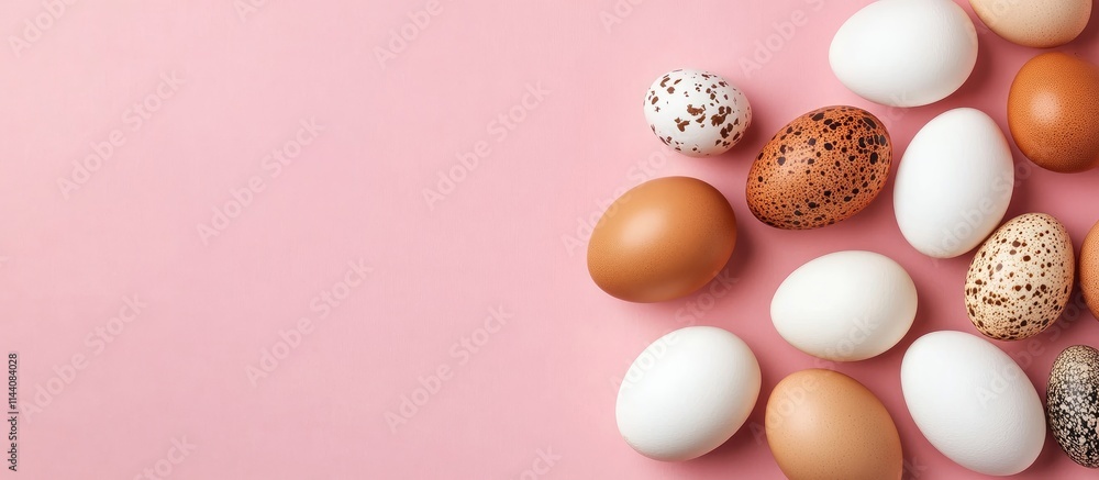 Poster variety of hen and quail eggs arranged on a pastel pink backdrop healthy eating concept with ample c