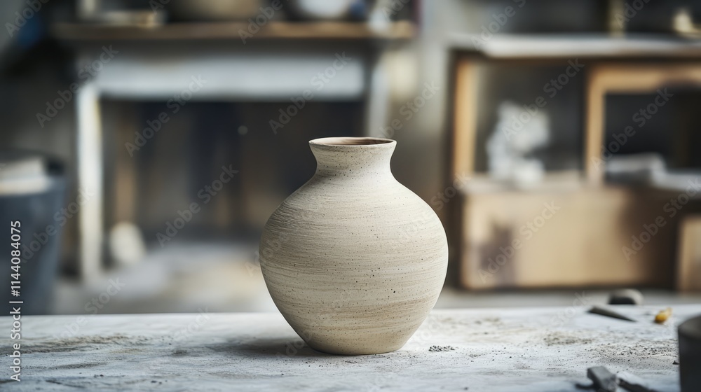 Poster handcrafted ceramic vase displayed in an artist's studio with natural lighting and rustic background