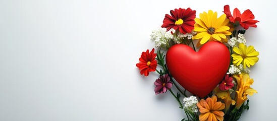 Happy greeting card design with vibrant flowers and a red heart on a white background perfect for personalized messages and celebrations