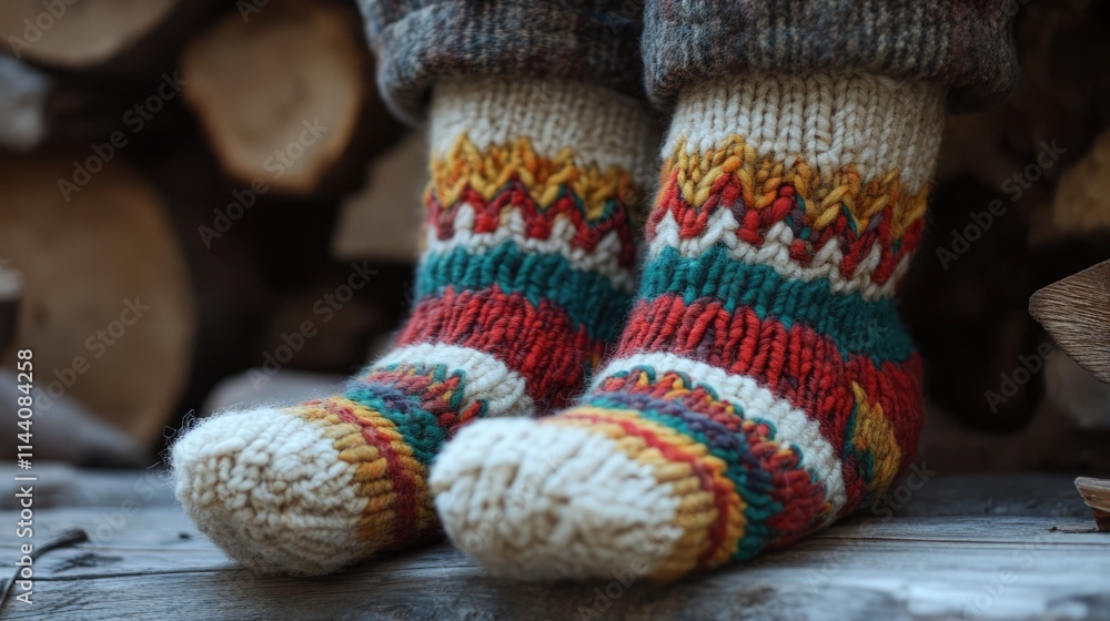 Poster Colorful handmade woolen socks with intricate patterns displayed on a rustic wooden surface near logs in a cozy, warm setting.