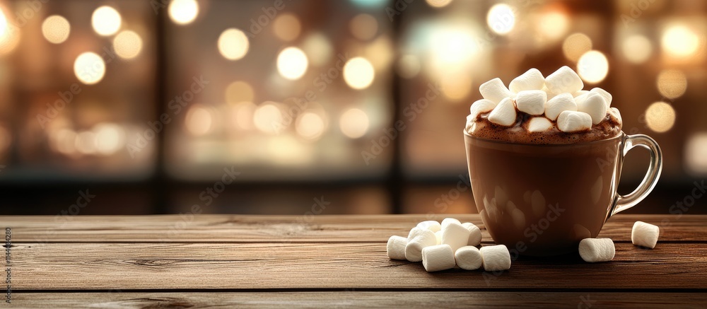 Aufkleber cozy hot chocolate with marshmallows on a rustic wooden table with a softly blurred warm background 
