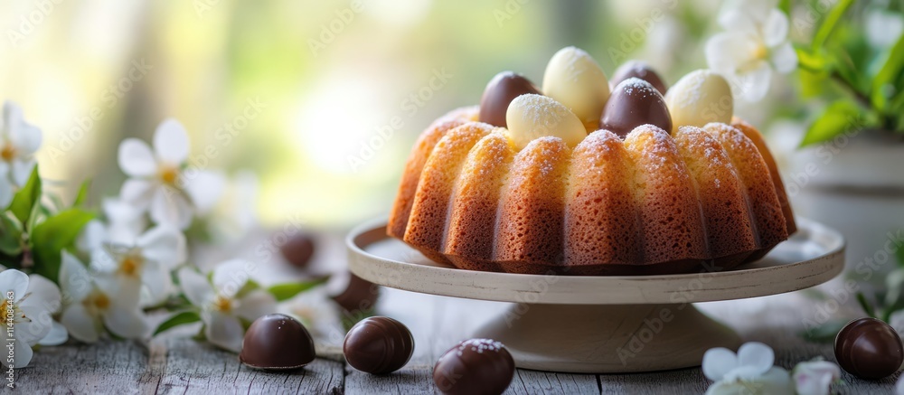 Poster Mini lemon bundt cakes decorated with chocolate eggs on a spring-themed table with fresh blossoms in a bright and inviting setting