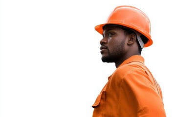 Construction Worker in Bright Orange Safety Gear and Hard Hat Posing in Profile Against White Background for Industrial or Safety Theme Imagery