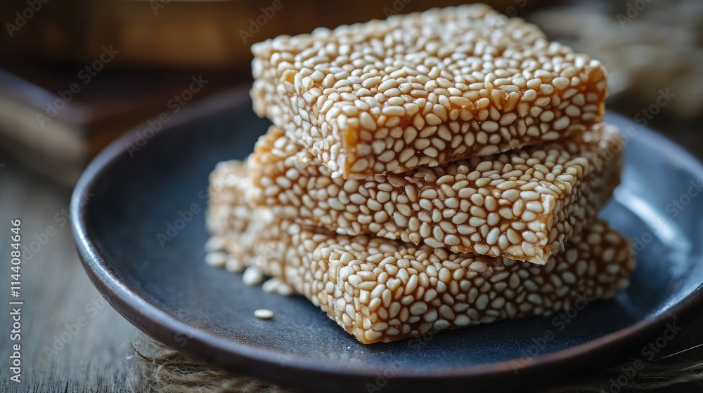 Poster handcrafted sesame candy bars stacked on a rustic plate showcasing their crispy texture and nutritio