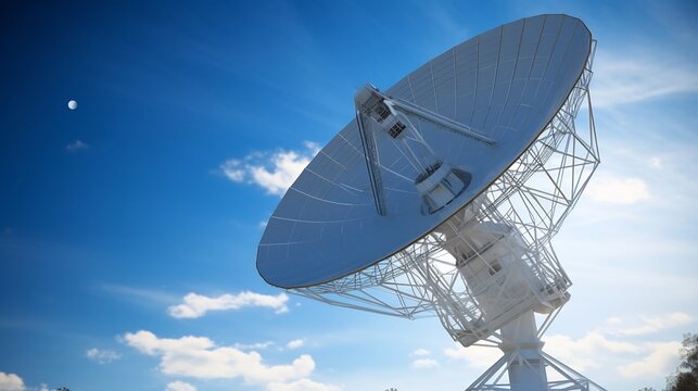 Detailed close up photography of a parabolic antenna dish mounted on a tall communication tower structure  The metallic dish reflects the surrounding sky and environment