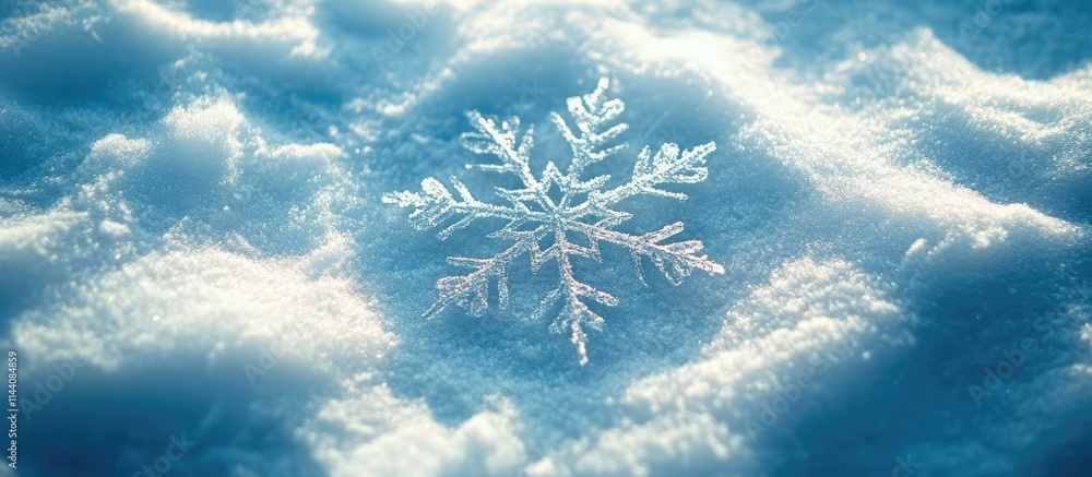 Poster new year decoration featuring a snowflake resting on a soft snowy surface with a serene winter ambia