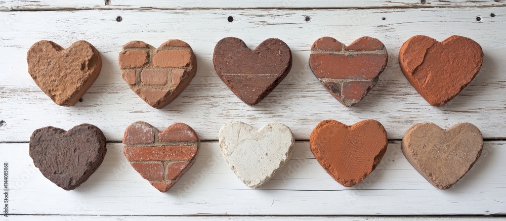 Poster heart shaped bricks in various colors arranged on a white wooden background with ample copy space fo