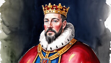 Historic King Portrait Watercolor Illustration, Depicting Royal Majesty, Power, and Elegance, Capturing the Regal Spirit Through Soft Brushstrokes and Vibrant Colors in a Timeless Artistic Style