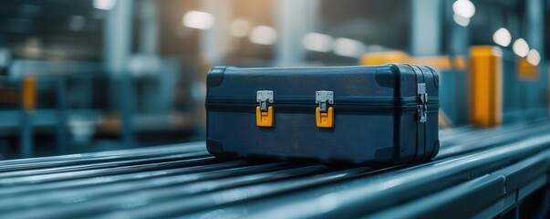 luggage conveyor concept. A close-up of a suitcase being lifted by a conveyor to a higher platform for aircraft cargo loading