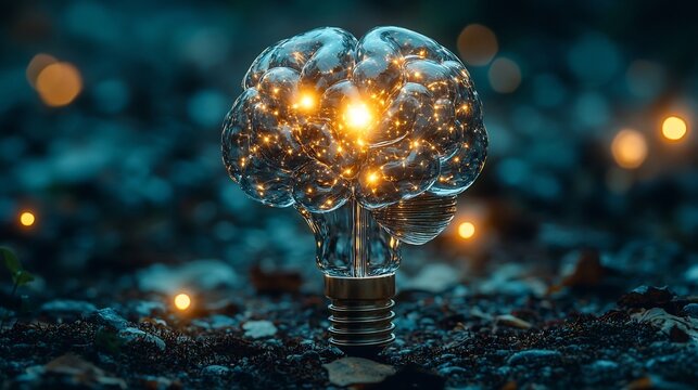 Conceptual of a brain shaped vault being unlocked with a key revealing a burst of glowing illuminated ideas and innovations within  Represents the unlocking of human potential creative discovery