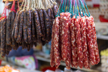 Dec 19 2024,Hong Kong.The Chinese sausage, commonly known as 'Lap Cheong' in Cantonese, is typically made from smoked, seasoned pork meat and fat 