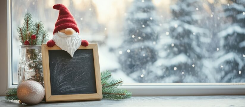 Festive gnome and chalkboard decor with fir branches on a winter windowsill creating a cozy holiday atmosphere in a home setting