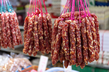 Dec 19 2024,Hong Kong.The Chinese sausage, commonly known as 'Lap Cheong' in Cantonese, is typically made from smoked, seasoned pork meat and fat 