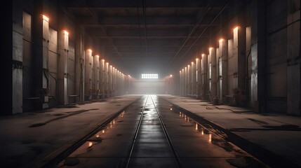 Fototapeta premium Dark, industrial tunnel with metal walls, lighting, and a reflective floor.