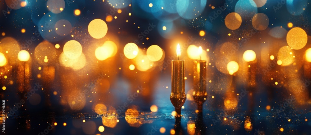Poster hanukkah menorah with glowing golden candles surrounded by vibrant bokeh lights creating a warm fest