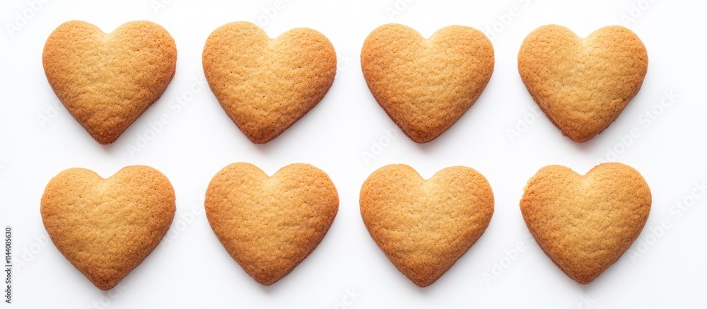 Poster Heart shaped cookies arranged in a neat row on a clean white background showcasing their golden texture and festive appeal.