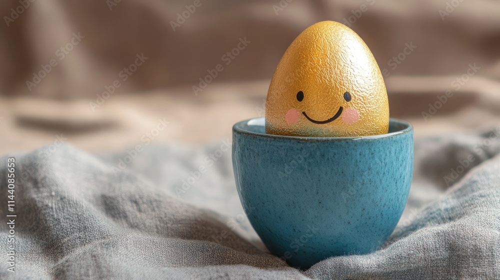 Aufkleber handcrafted golden egg with a smiling face placed in a blue cup on a textured fabric background show