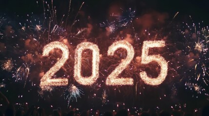 Fireworks bursting around the text 2025, concept of New Year's Eve celebrations, hope, and welcoming fresh starts.