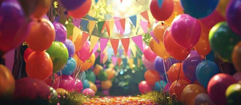 Colorful party scene with vibrant balloons and banners creating a festive atmosphere for children celebrations and joyful gatherings outdoors