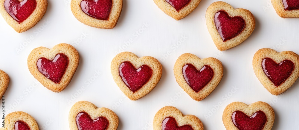 Poster Heart shaped cookies with red icing arranged on a white background viewed from above perfect for Valentine's Day or dessert themes