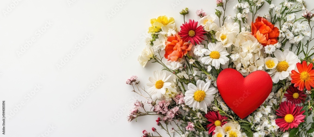 Poster beautiful bouquet of colorful flowers with a red heart on a white background ideal for greeting card