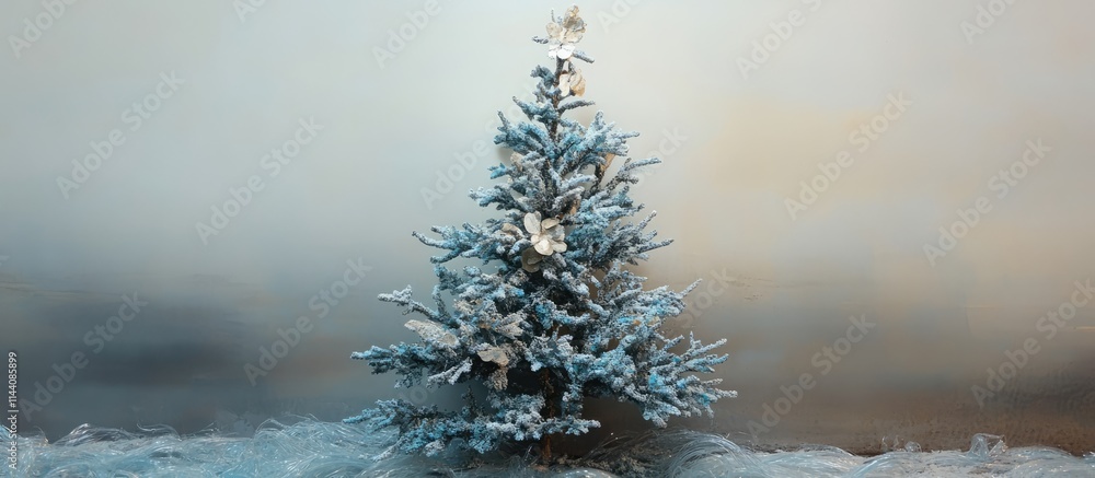 Poster winter holiday tree decorated for new year celebration with snow and a serene backdrop creating a fe