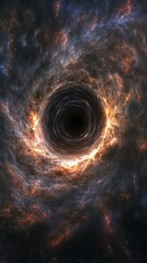 cosmic view of a black hole surrounded by glowing nebulae, vivid and dynamic, focus on the mysteries of the universe