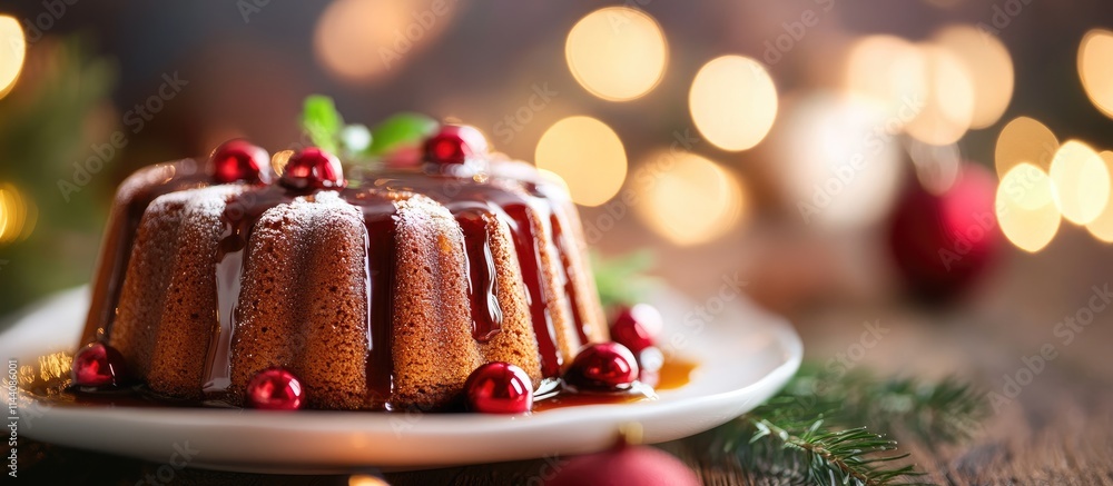 Poster Festive Buttered Rum Cake drizzled with sauce garnished with cranberries and mint on a rustic table with holiday lights in the background