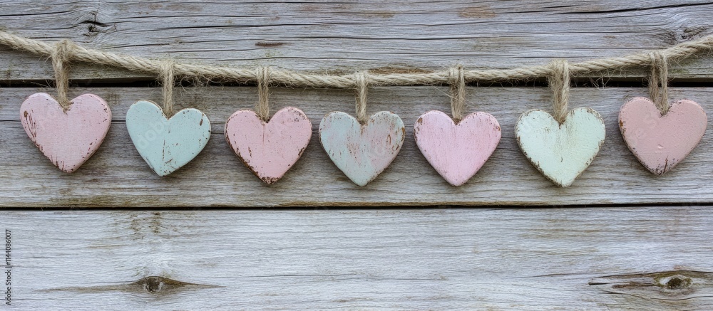 Aufkleber colorful wooden hearts arranged on a rustic wooden surface creating a charming decorative frame for 