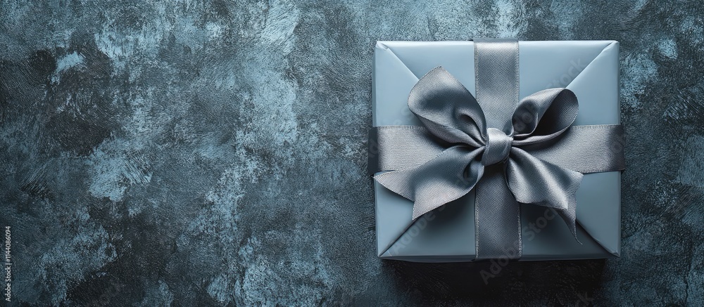 Poster handmade holiday gift with gray ribbon bow on textured background with ample copy space ideal for bi