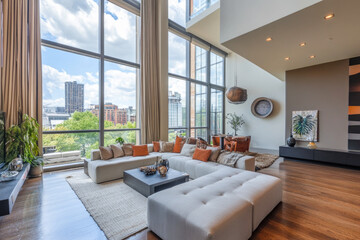 Fototapeta premium Modern spacious living room with large windows and cozy seating area