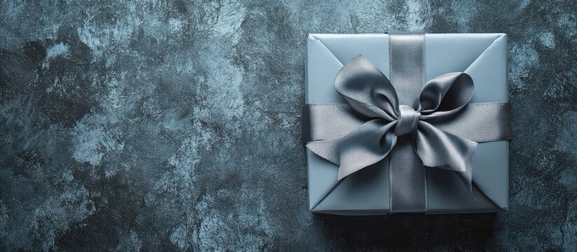 Handmade holiday gift with gray ribbon bow on textured background with ample copy space ideal for birthday or special occasion promotions