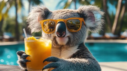 Colorful koala in sunglasses enjoying a refreshing fruit cocktail by the pool under palm trees. Capturing the essence of a tropical holiday getaway.