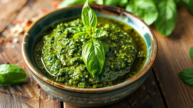 Bowl of pesto sauce on the table. Selective focus. food.