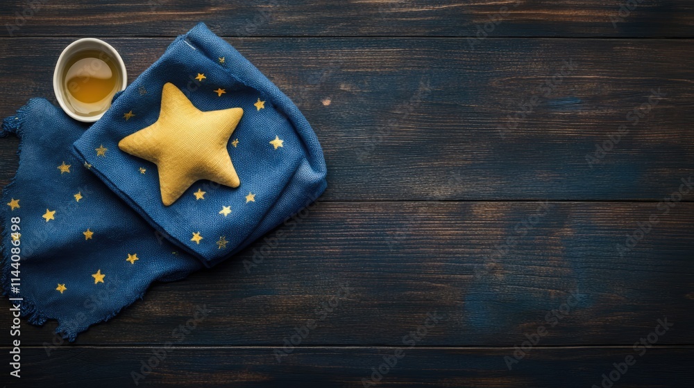 Aufkleber handmade table setting with star shaped cushion on blue napkin and cup of honey on rustic wooden sur