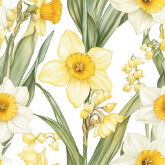 Watercolor seamless pattern of daffodils and lilies of the valley flowers
