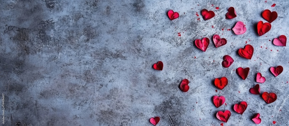 Poster Scattered red and pink hearts on a gray textured surface with ample copy space symbolizing love and affection in a romantic concept