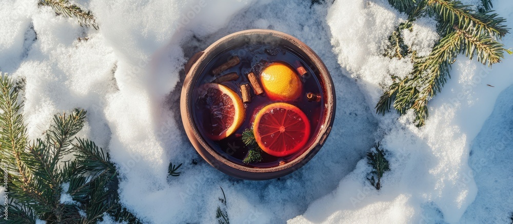 Poster mulled wine in a pot with citrus fruits surrounded by snow and greenery captured from above showcasi